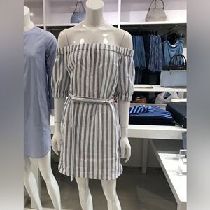 NWT Michael Kors Stripped Linen Off-the-shoulder Dress Size XS White Blue